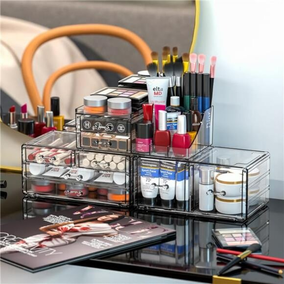 Clear makeup organizer stackable drawers vanity skincare jewelry storage box - Picture 2 of 7